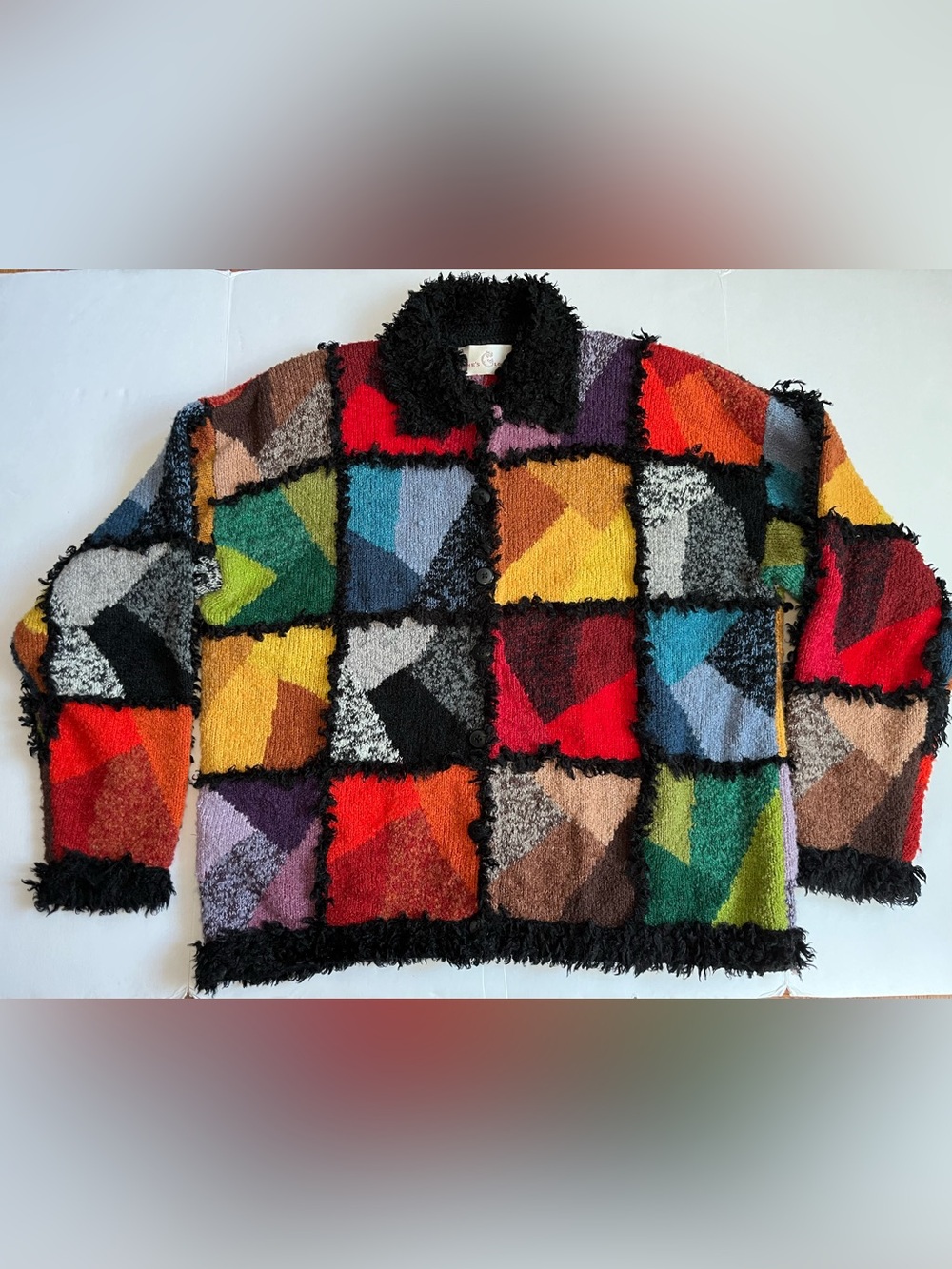 Vtg Jane’s Closet Patchwork Colorblock Cardigan Sweater Medium 80s 90s Shaggy M